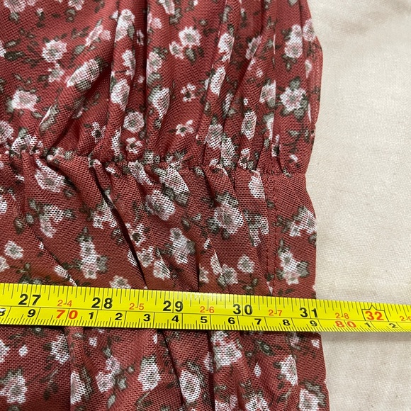 Ultra Flirt Womens Dress Size Large Brick Red Floral Ruched Mini Peasant Cottage - Picture 8 of 8